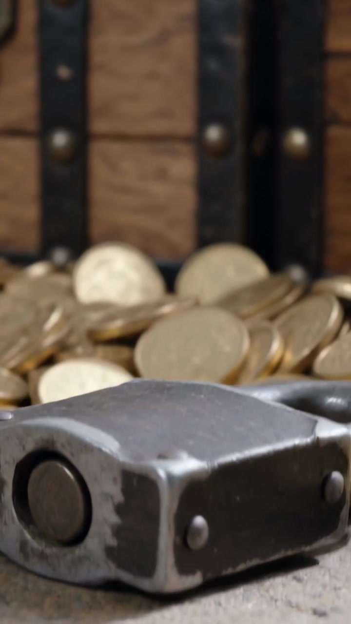 Vertical video: Lowering small metal padlock settling on wood surface, securing gold coins in trunk