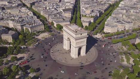 summer day paris cityscape famous arch de triumph traffic circle aerial panorama 4k time lapse france