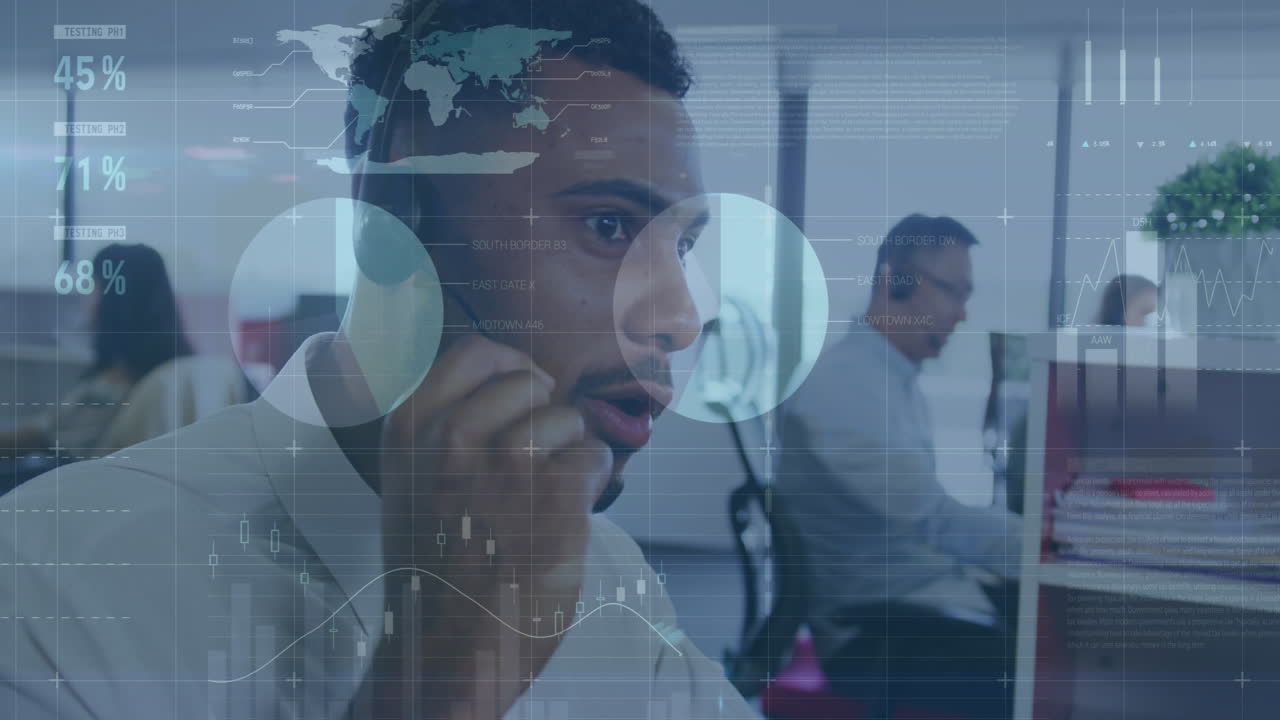 animación de procesamiento de datos estadísticos contra un hombre biracial hablando en auriculares de teléfono en la oficina