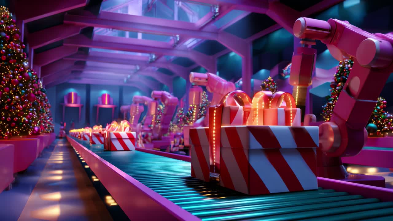 A Vibrant Scene of an Imaginative Holiday Warehouse with Robotic Arms Efficiently Working Along a Colorful Conveyor Belt Amidst an Array of Decorated Christmas Trees and Brightly Wrapped Presents