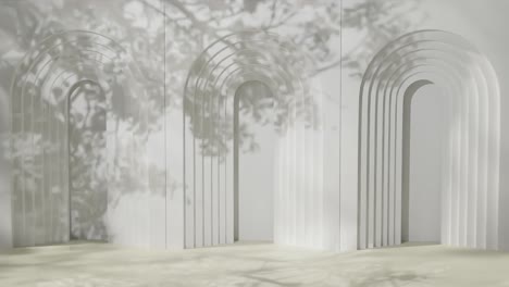 geometric arched white wall with layered cutouts and shadows of tree branches. 3d architectural background. design for banner, poster, wallpaper, and header.