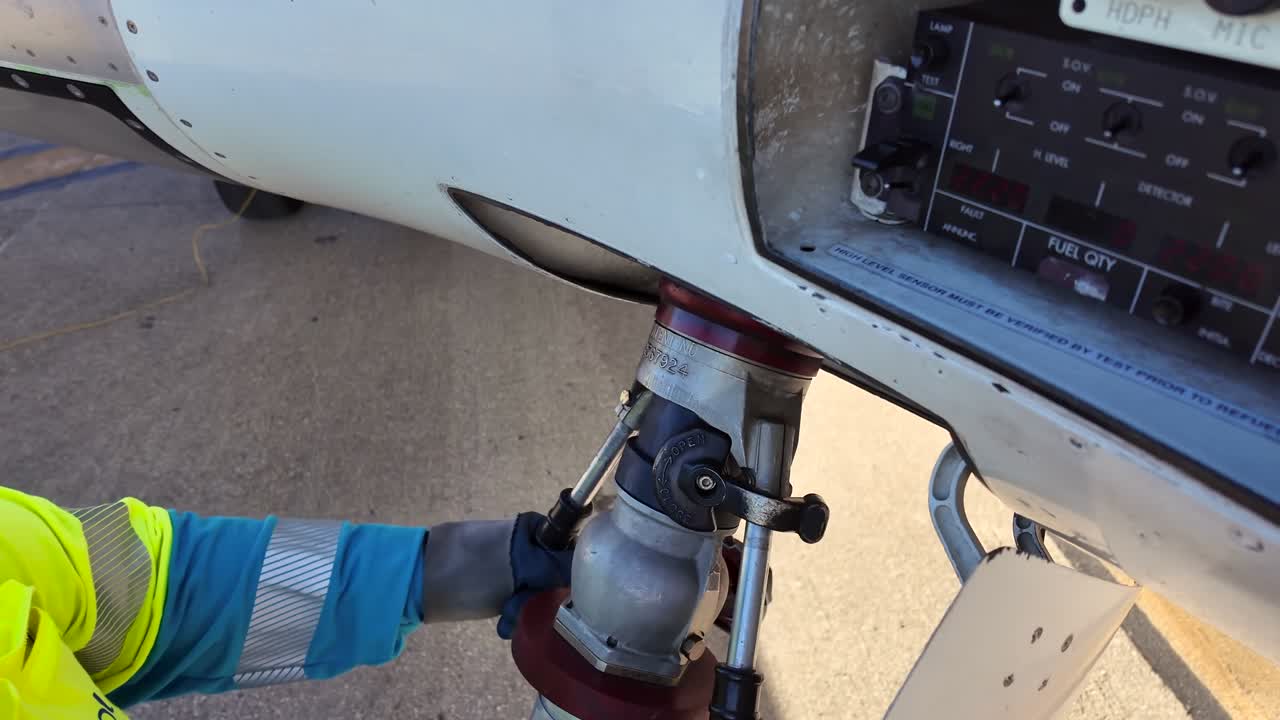 Close-up view of the hand of a fuel truck operator disconnecting the fuel hose from a medium size jet on the apron