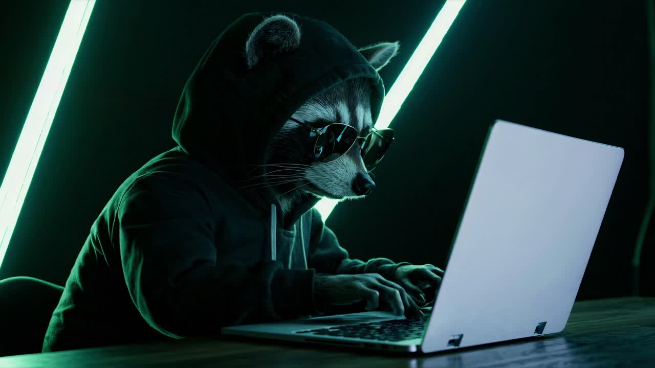 A raccoon, sporting sunglasses and a stylish hoodie, is intently focused on its laptop under the glow of vibrant neon lights at night