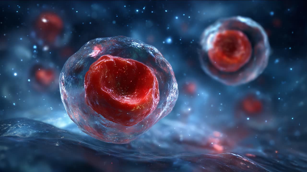 An Intricate View of Microscale Cell Structures in a Cosmic Environment, Showcasing Complex Interactions and Vibrant Colors of Biological Phenomena