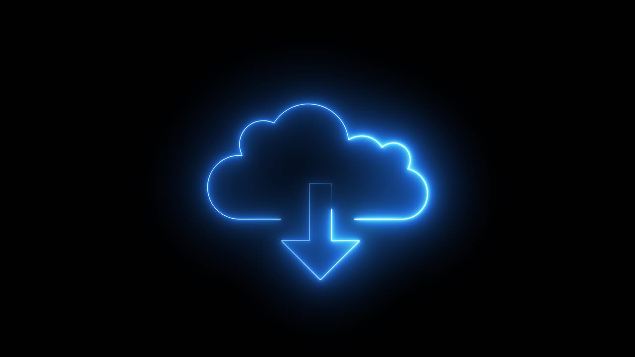 Glowing Blue Cloud Download Icon Animation on Black Background