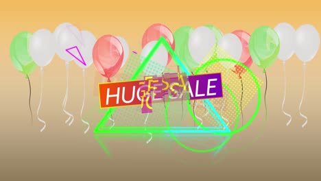 animation of huge sale text over neon triangle and balloons on orange background