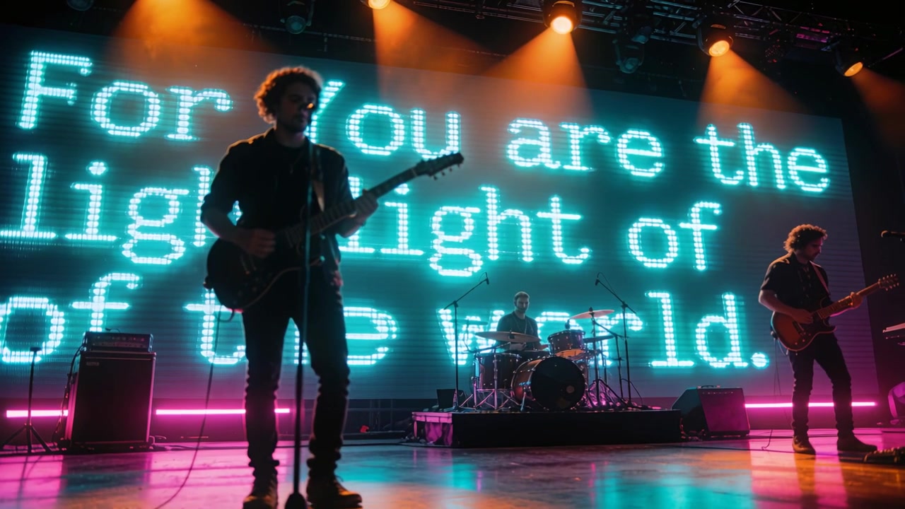 Starting song center guitarist and vocalist strumming and singing lyric from LED wall on live stage