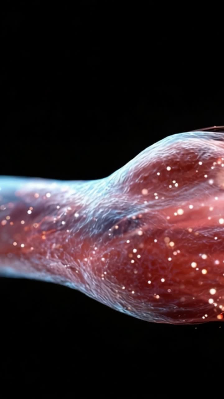 Un primer plano de una estructura orgánica y luminosa con texturas dinámicas y partículas radiantes, mostrando una mezcla de ciencia y arte en una experiencia visual cautivadora.