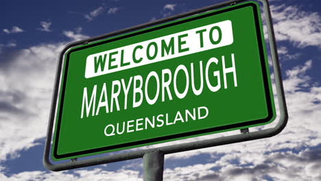 welcome to maryborough, queensland, australia, city road sign, realistic 3d animation