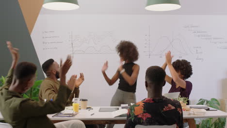 happy business people celebrating success corporate team enjoying victory manager woman excited colleague using smartphone taking video of presentation sharing on social media