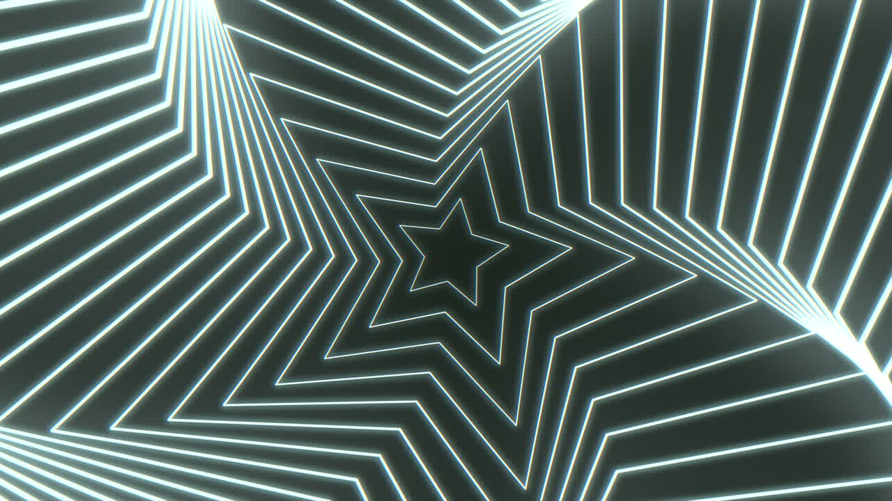Futuristic abstract footage of a glowing neon star tunnel made of bright light lines, creating depth and motion for technology, music, party, and sci fi visuals