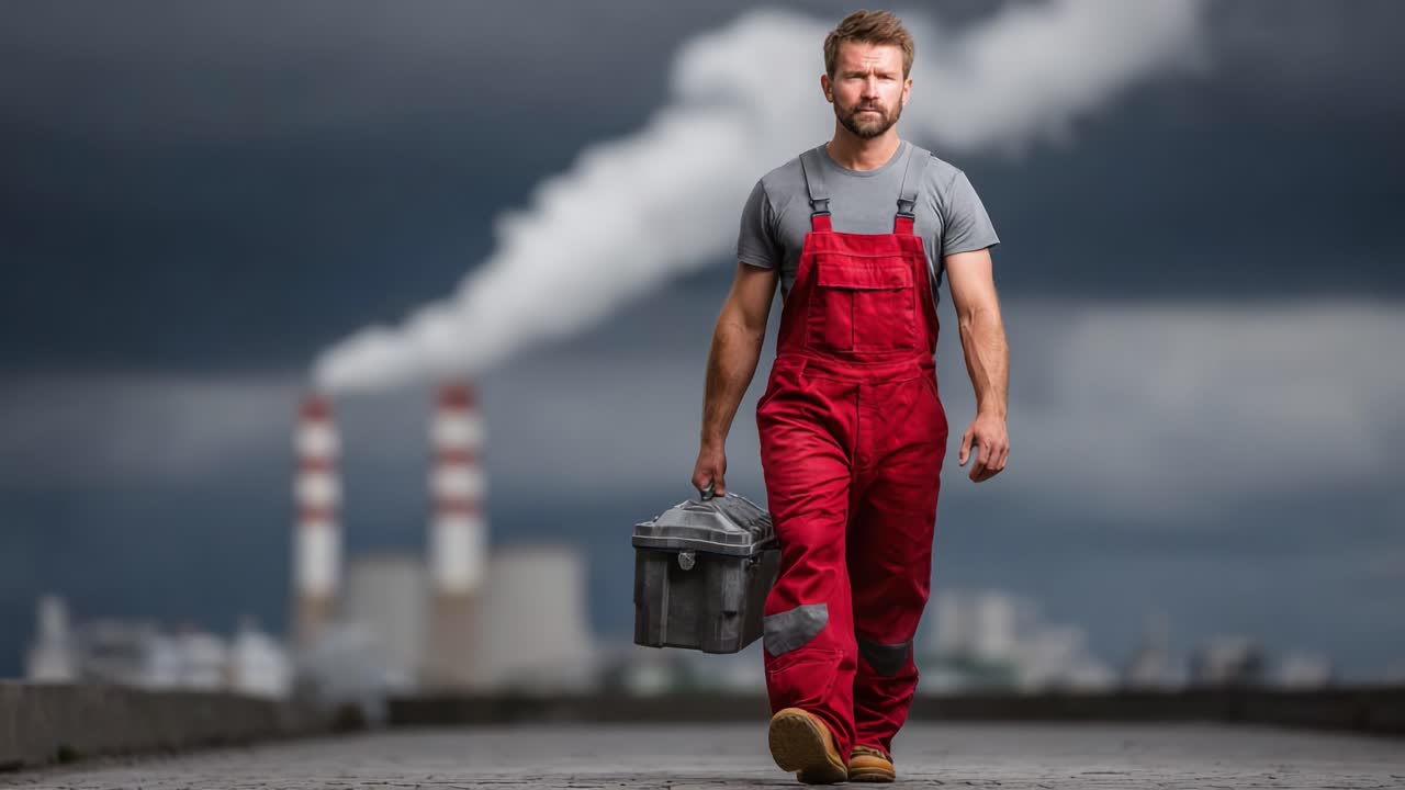 A determined worker in red overalls walks confidently toward the camera, carrying a metal container, with industrial smokestacks emitting clouds in the backdrop, showcasing the blend of industry and labor