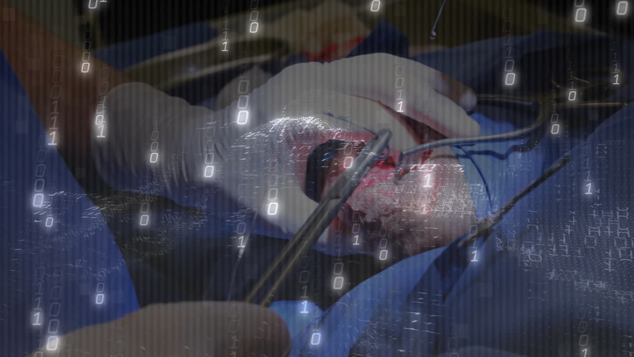 Surgeon manipulating forceps on incision, showing binary code overlay in operating room health tech