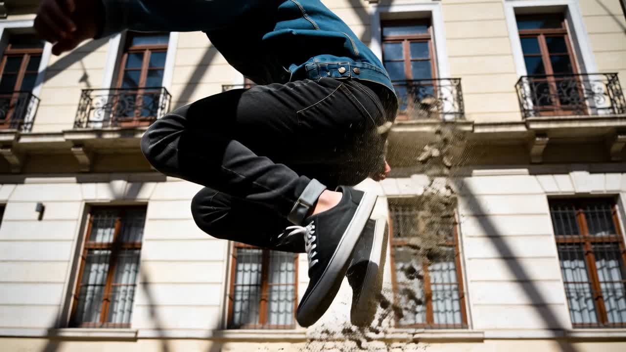 Video verticale: Uomo che si gira, salta e si dimena vicino a una facciata, togliendosi la giacca per sollevare polvere, con spazio per il testo.