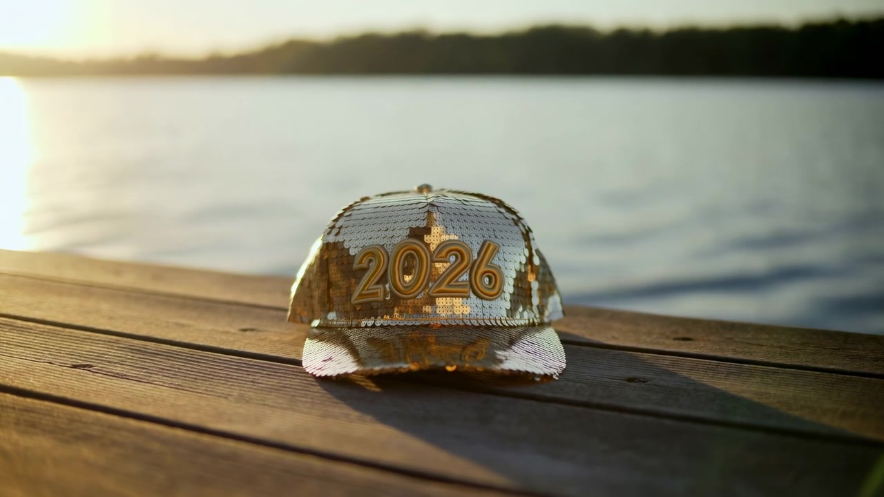 Un piccolo ornamento a forma di tartaruga dorata, inciso con un anno, si trova su assi di legno invecchiate di un molo sul lago, illuminato da una calda luce del tramonto ad angolo basso proveniente da sinistra con morbidi riflessi.