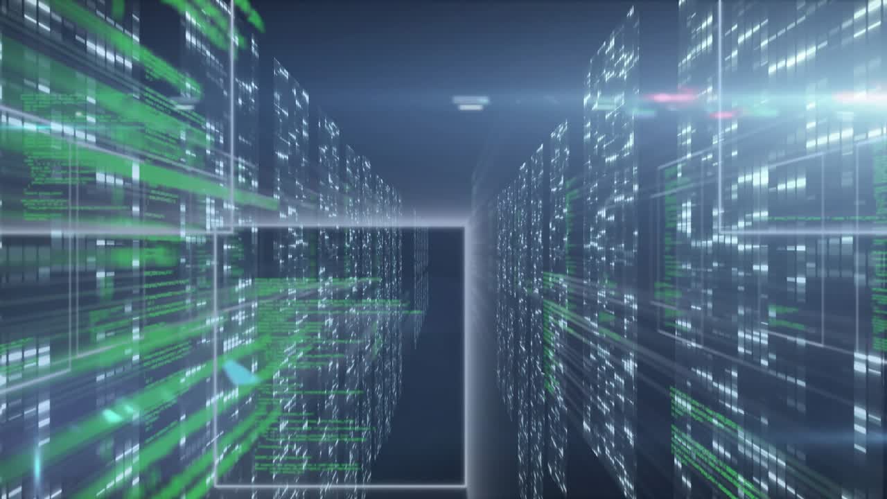 Green code flowing, cloud appearing, devices orbiting and syncing, showing data flow in rack aisle