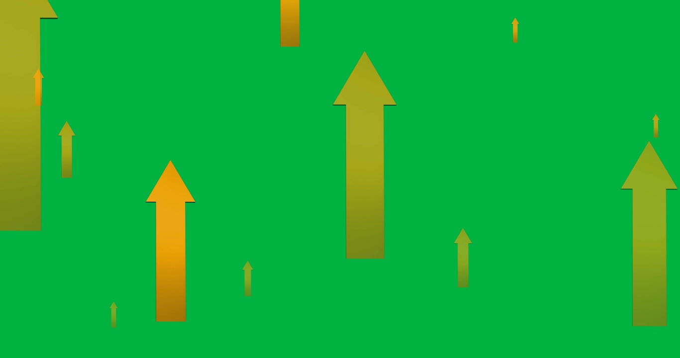 Digital animation of multiple orange arrow icons floating against black background