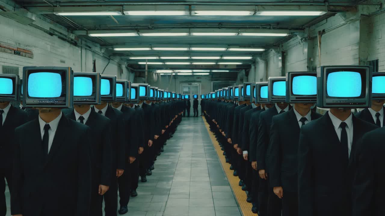 Legion of TV-Headed Figures in a Dystopian Tunnel