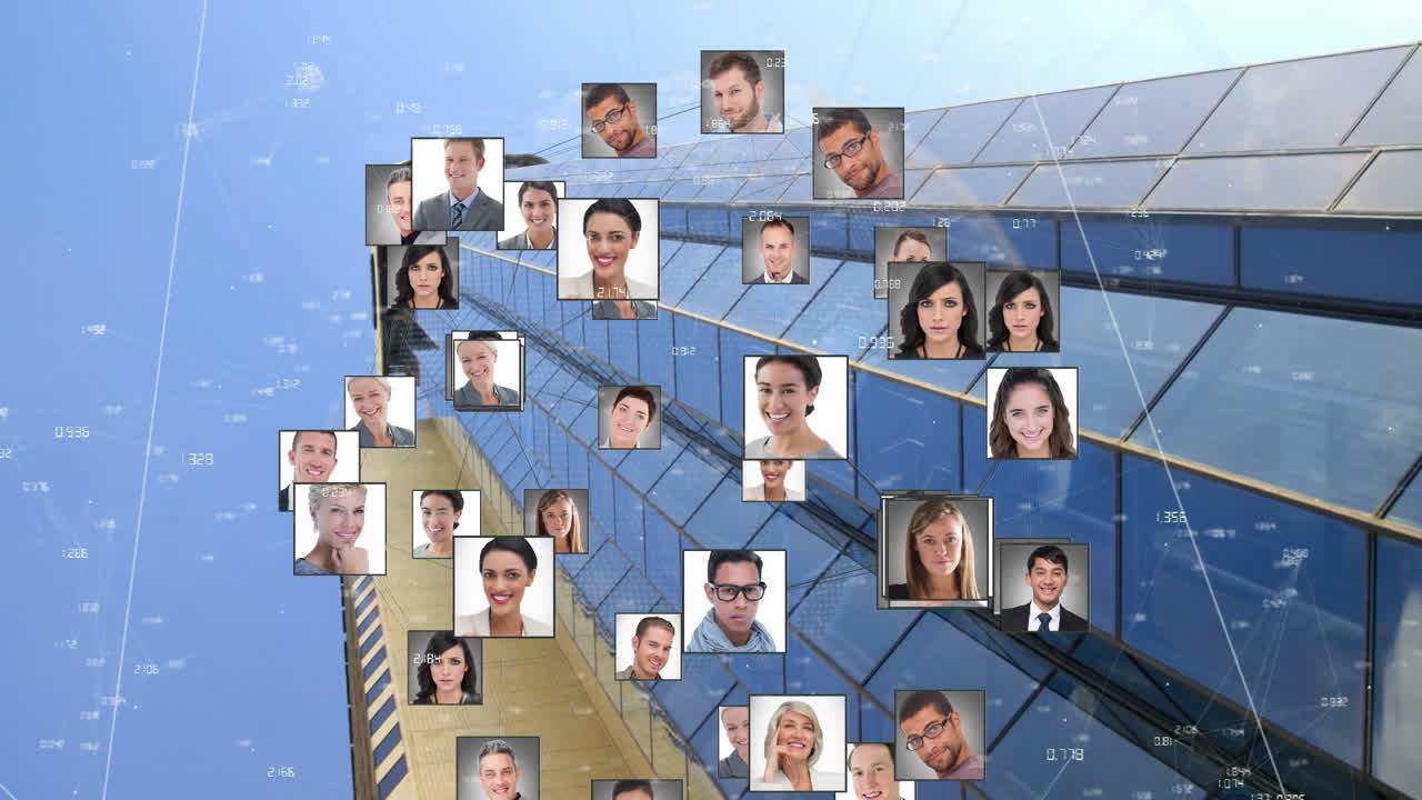 Animation of globe of network of connections with people photos over cityscape