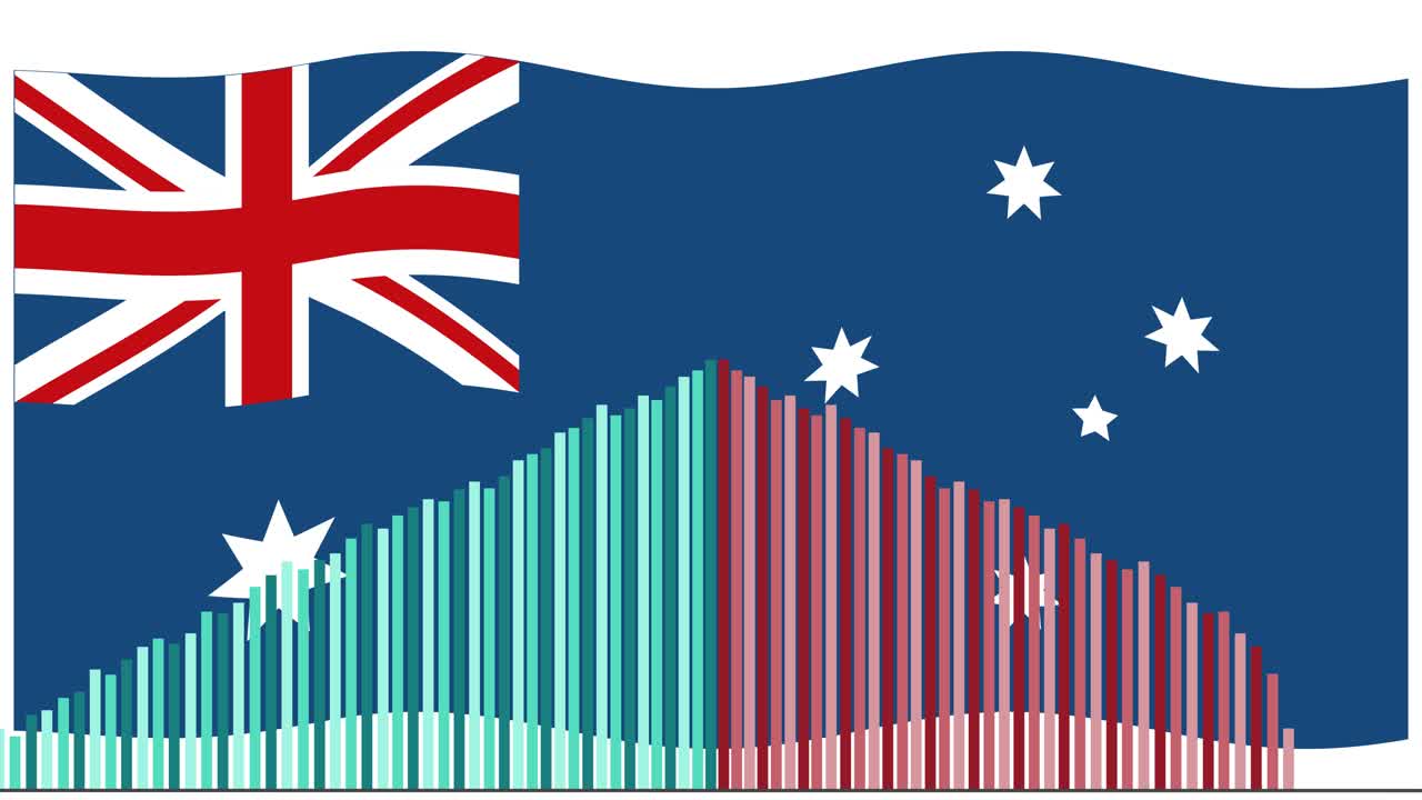 Colorful bar graph rises and animates smoothly over waving Australian flag, with seamless transitions