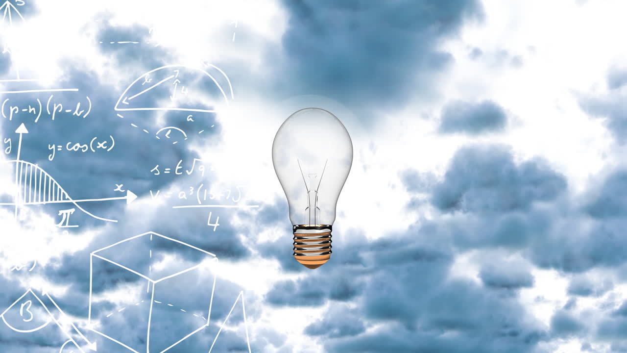 空の暗い雲に数学の方程式が浮かび、その手前に電球が浮遊するデジタルアニメーション