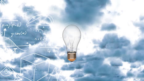 digital animation of bulb floating against mathematical equations floating on dark clouds in sky