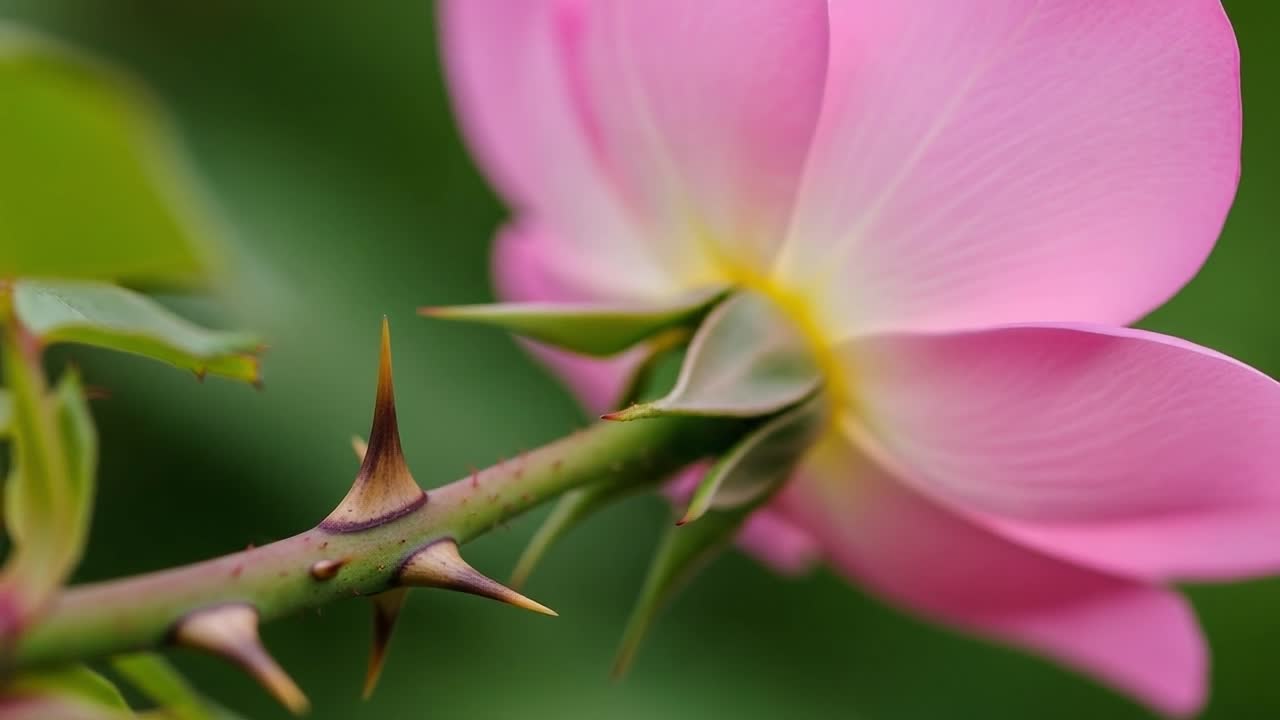 Una vista ravvicinata di un bellissimo fiore rosa che evidenzia i suoi petali delicati e le spine affilate, mettendo in mostra la bellezza contrastante e i dettagli intricati della natura