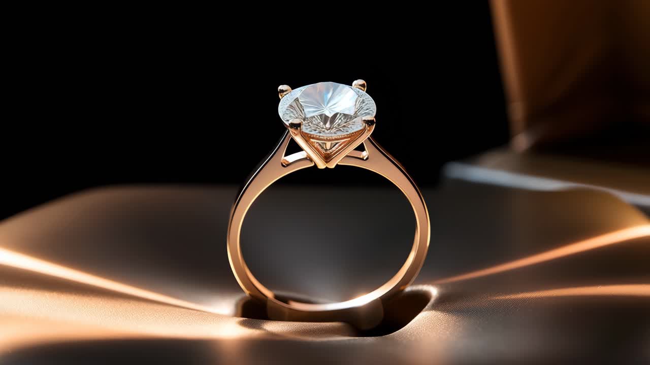 Video ravvicinato di un anello di diamanti su una superficie elegante, ripreso da un'angolazione bassa