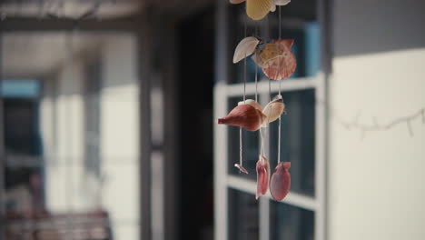 handmade seashells wind chimes hanging outside the house. - selective focus