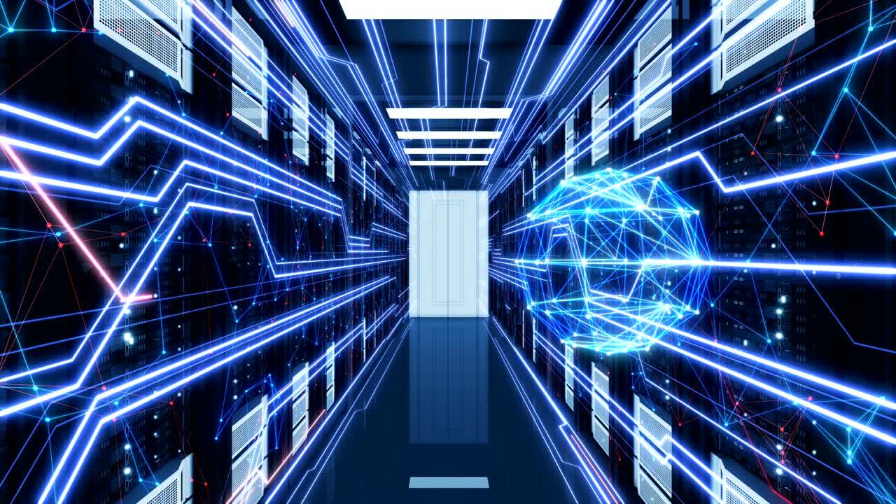 holograma de esfera de red abstracta de color en el centro de datos, estantes de servidores, habitación volando a través. animación 3d en bucle. concepto de tecnología futurista digital.