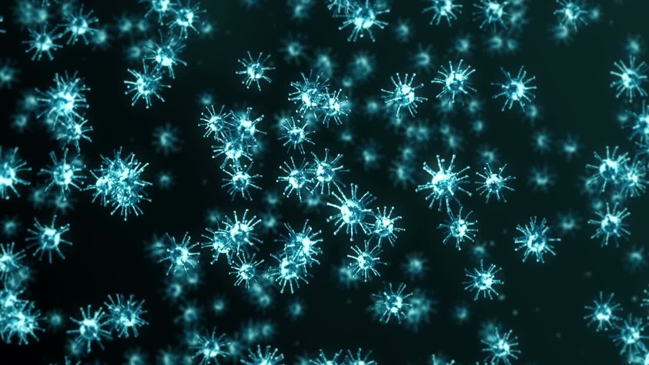 volando muchas células de virus en fondo negro. concepto médico, ilustración microscópica. animación 3d de la molécula de virus girando. animación de bucle.