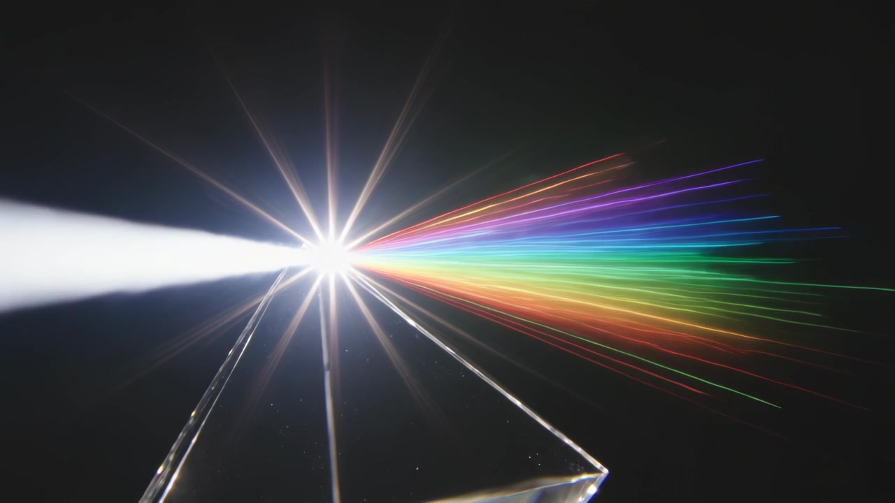 Un raggio luminoso che entra da sinistra, colpendo un prisma trasparente al centro in un laboratorio buio, producendo uno spettro arcobaleno