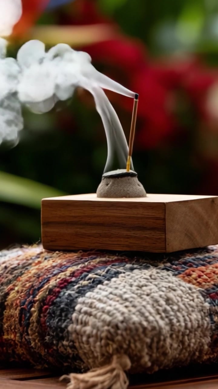 Un moment serein : Embrasser la tranquillité de la fumée d'encens s'élevant d'un porte-encens en pierre sur une surface en tissu texturé