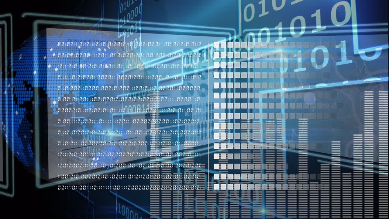 Animation of data processing and graphs over digital screens with diverse data in digital space