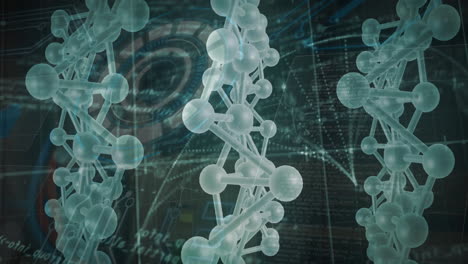 animation of molecules and dna strand over data processing with scope scanning on black background