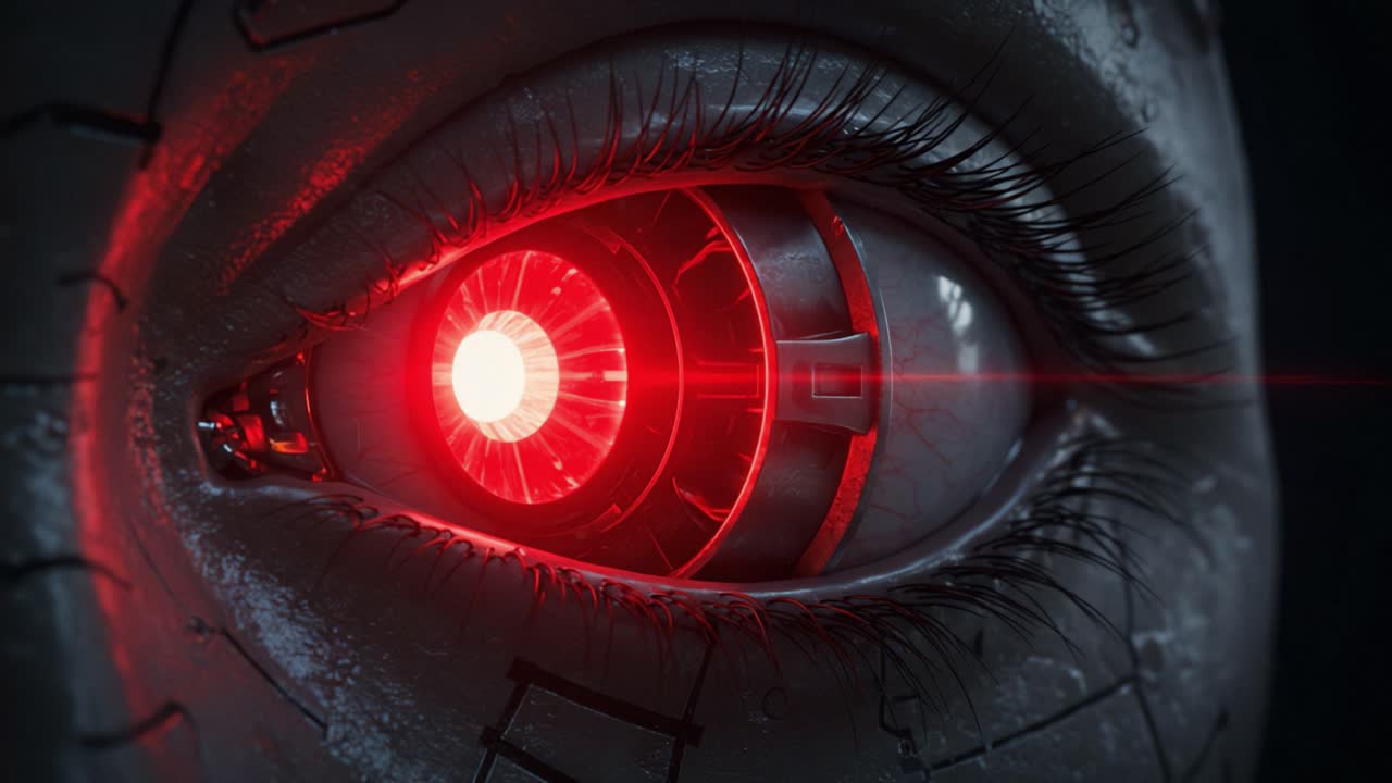 An Intricate Close-up of a Futuristic Mechanical Eye with a Glowing Red Lens, Showcasing Advanced Technology and a Blend of Organic and Robotic Features