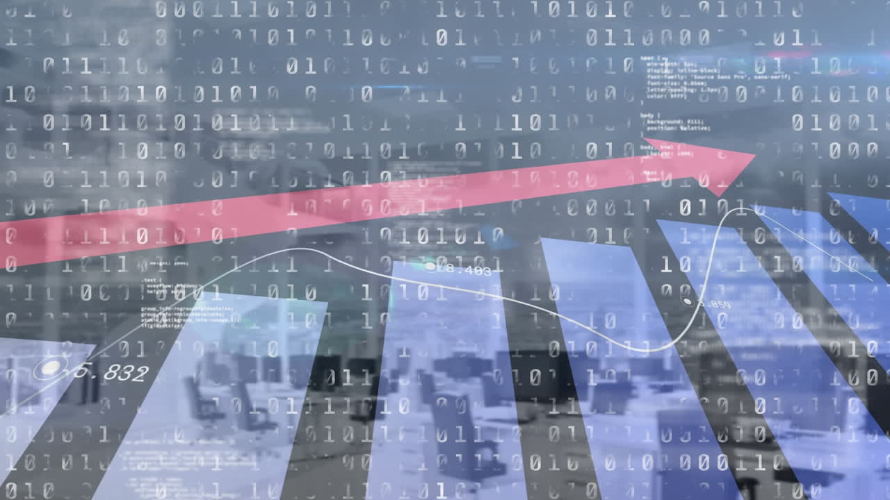 백그라운드에서 도시 풍경 위에 통계와 바이너리 코딩을 가진 빨간 화살표의 애니메이션