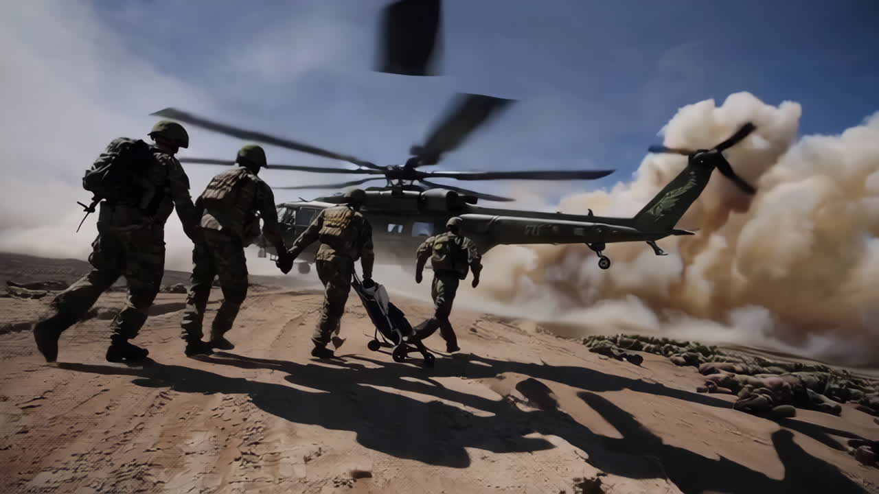 Military Helicopter Rescue Operation in Desert