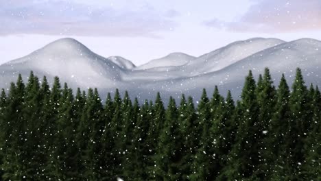 Animation-of-snow-falling-over-fir-trees-and-winter-landscape