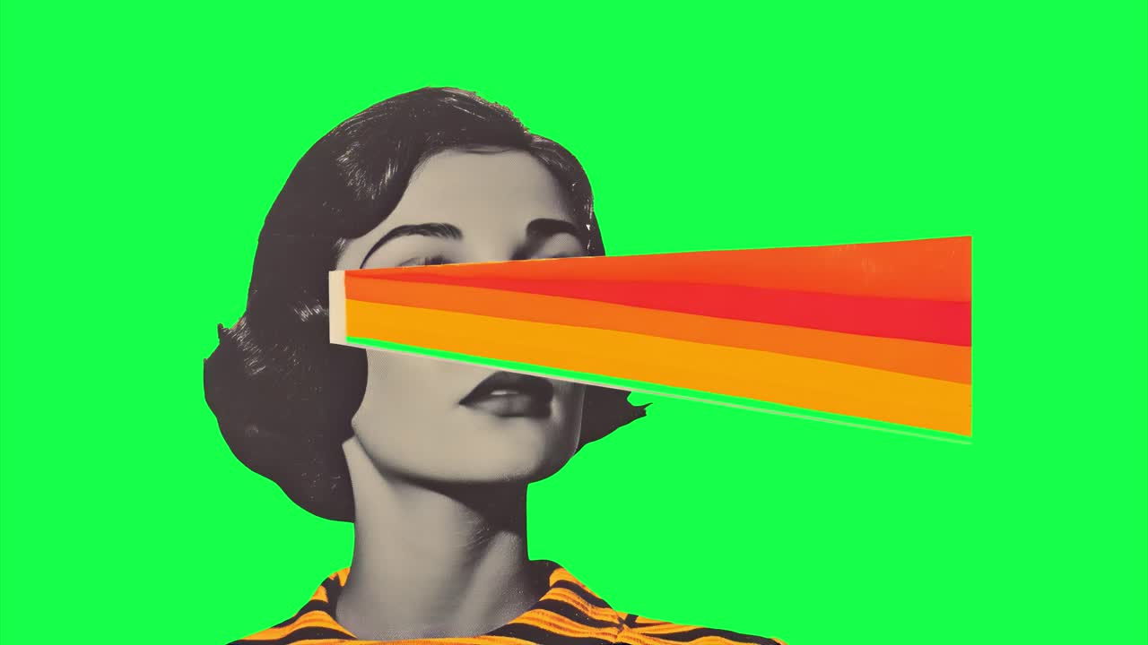 Animazione di ritratto vibrante in stile surrealismo retrò, video 4K trasparente, schermo verde.