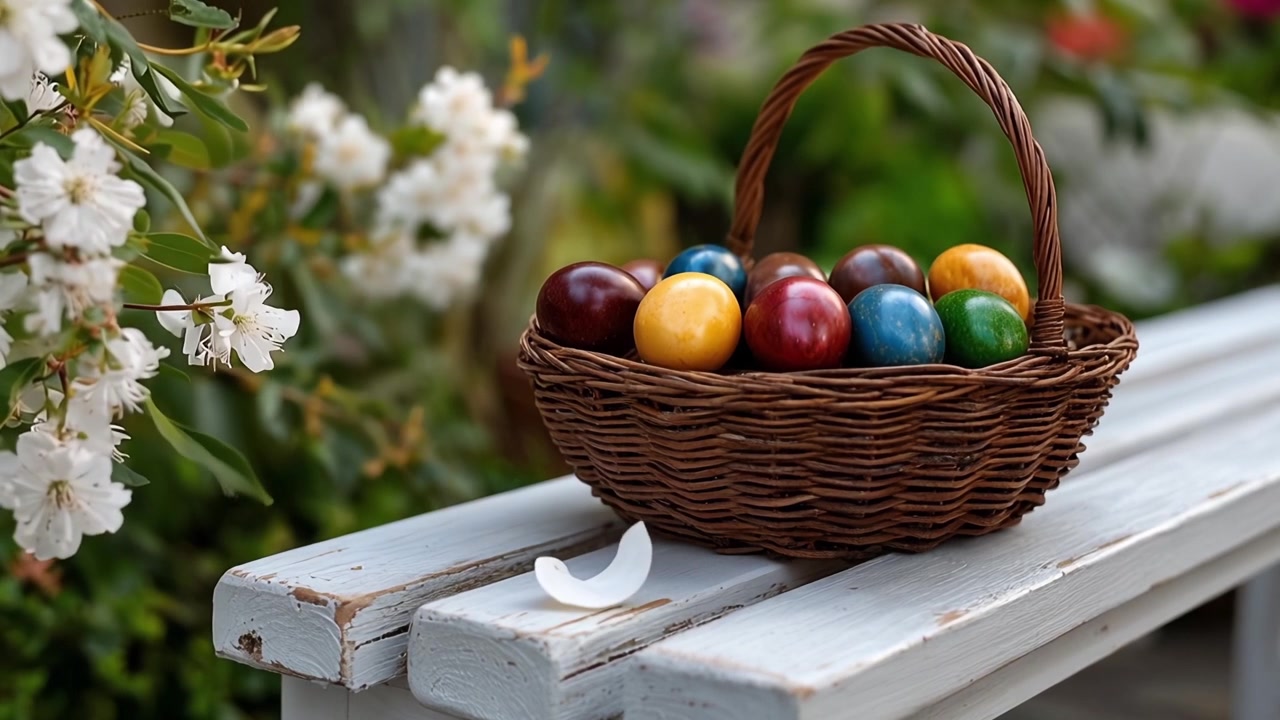 Colorful Easter Eggs in a Wicker Basket on a Garden Bench