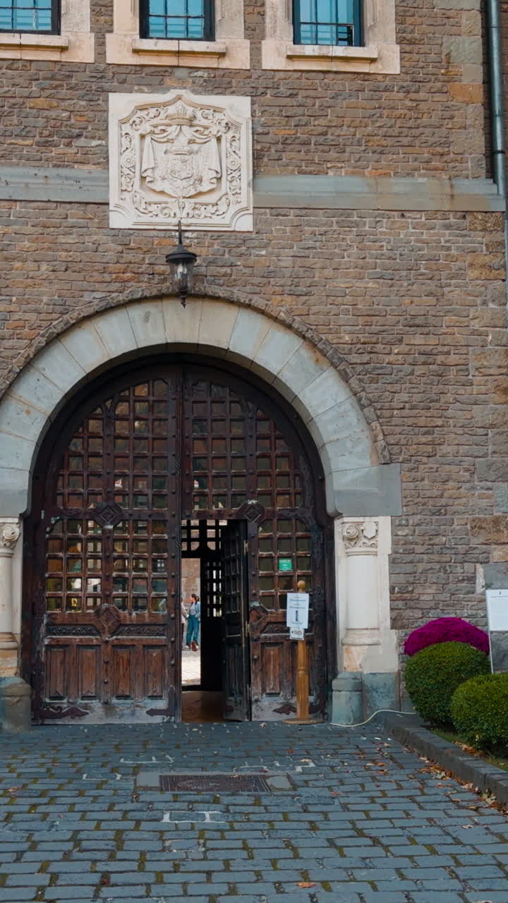 Going by the paved road leading to the old brick mansion. Beautiful pots with plans near the entrance to the castle. Vertical video