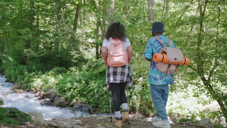 hikers in a forest near a river