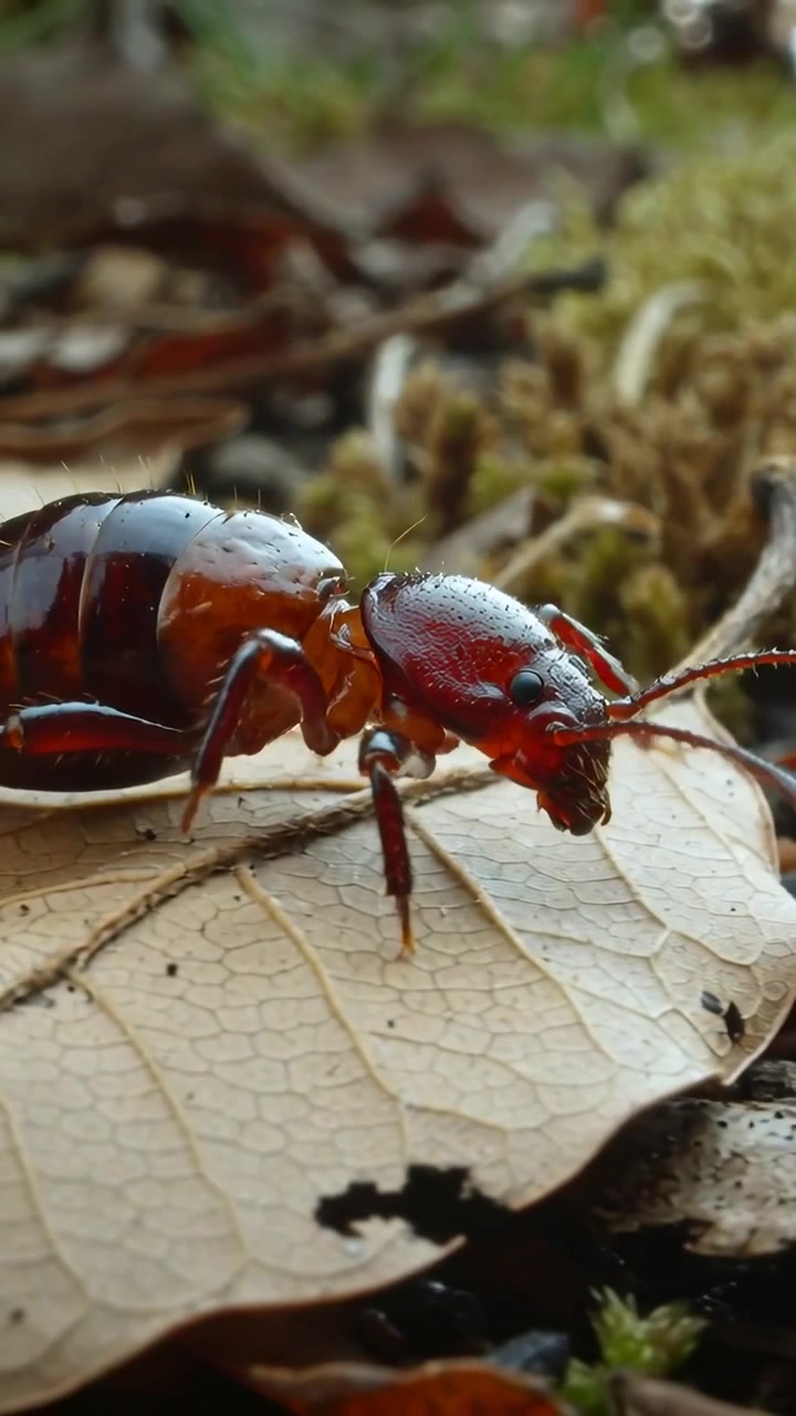Vertical video: Recording brown beetle probing forest-floor leaf litter, testing leaf vein edge