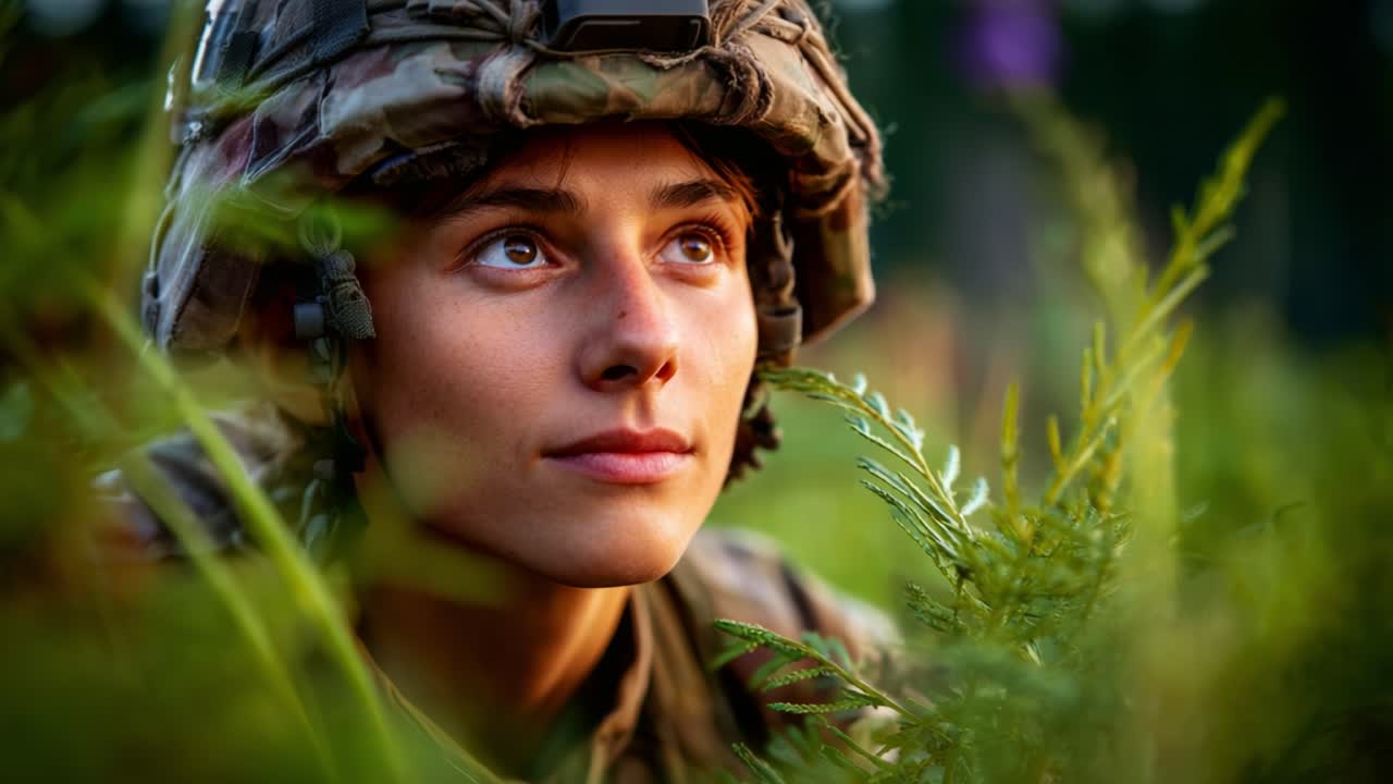 Una giovane soldatessa osserva pensierosa ciò che la circonda mentre è mimetizzata in un campo, mettendo in mostra l'intensità e la concentrazione richieste nelle operazioni e nell'addestramento militare.