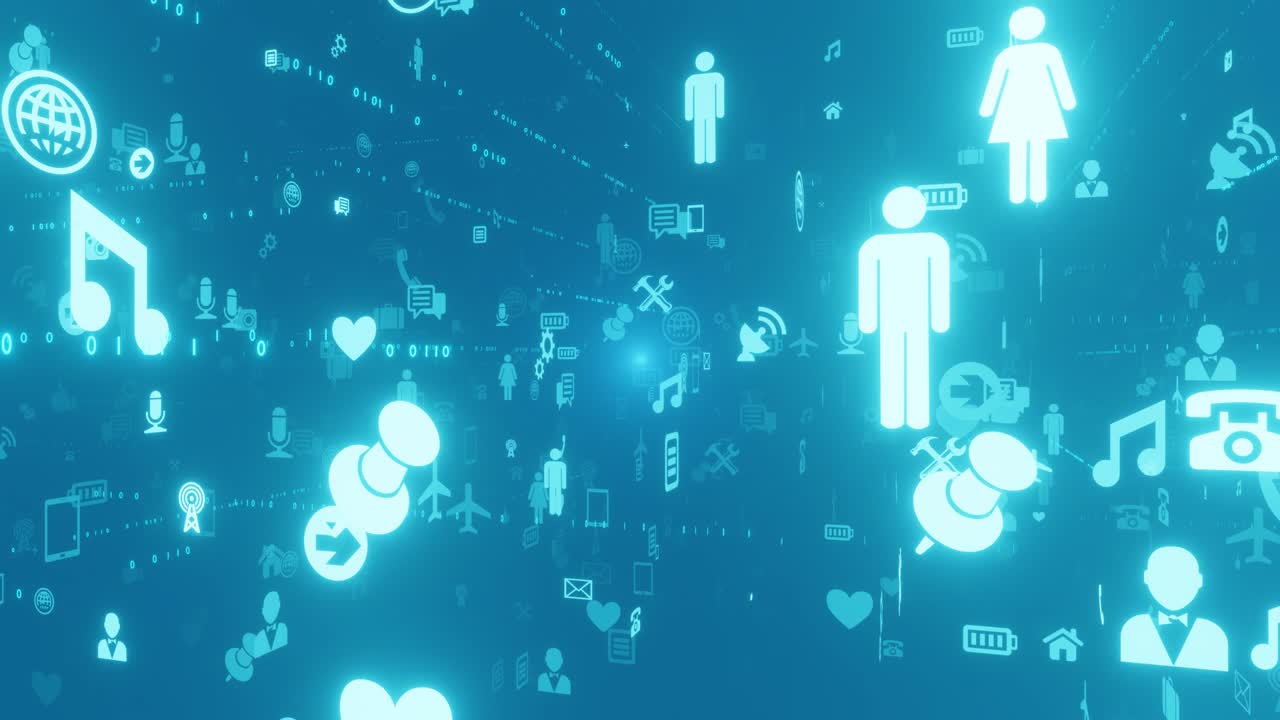 Flight camera abstract in the technology space social icons. Connect to social networks. 4K seamless looping animation.