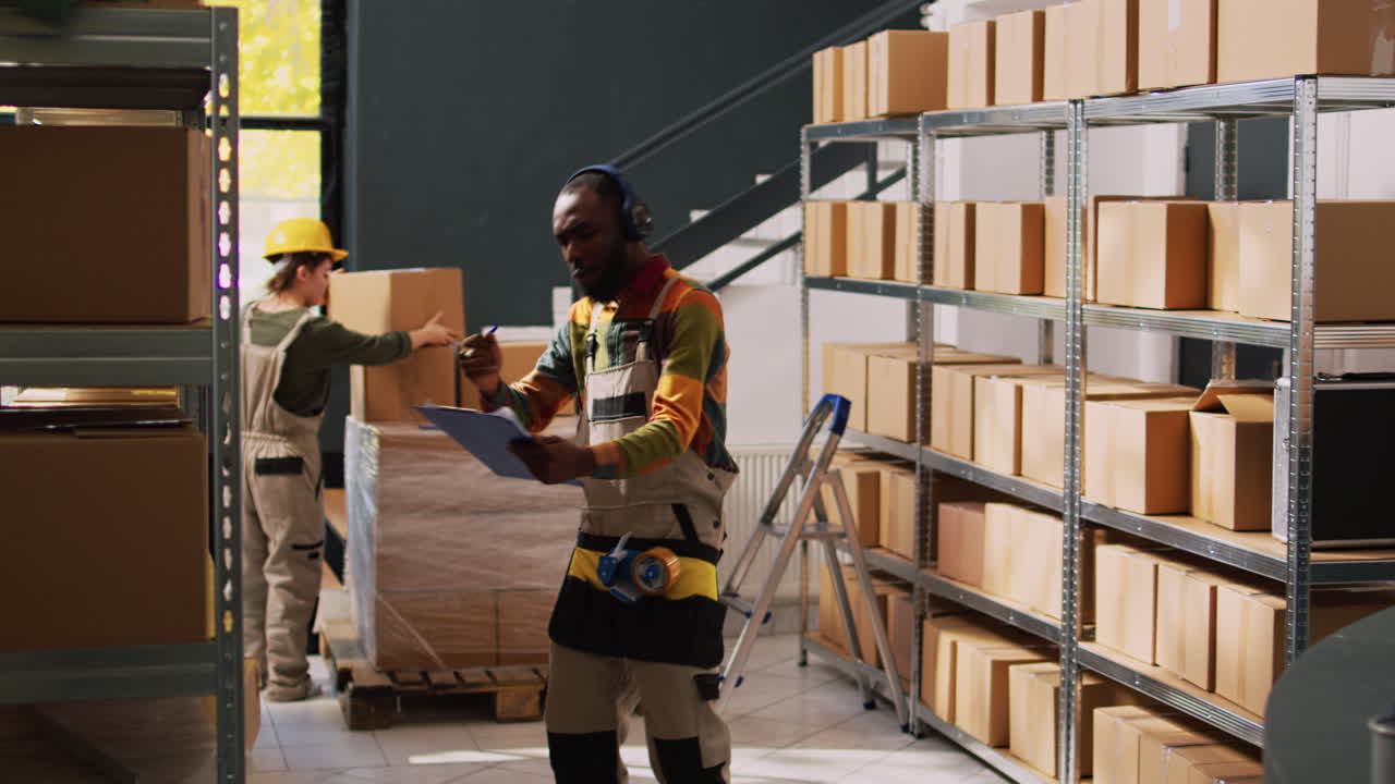 Warehouse workers taking inventory of packages
