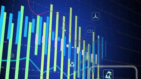 financial data and environmental icons animation over bar and line graphs