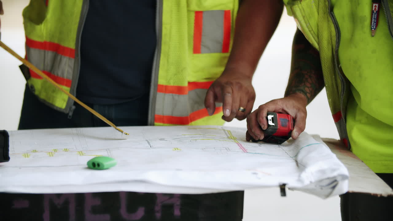 Construction workers reviewing blueprints