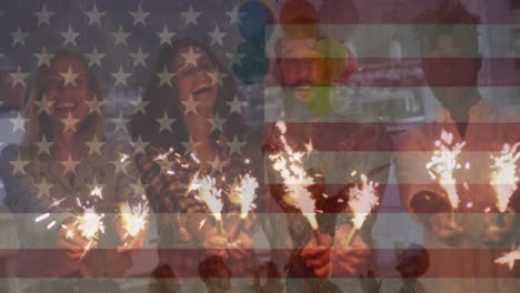 Animation-of-flag-of-usa-over-happy-diverse-friends-with-sparklers-on-beach